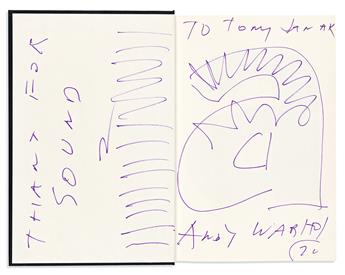 (ARTISTS.) WARHOL, ANDY. A: A Novel. Signed and Inscribed, To Tony Janak / [drawing] / Andy Warhol / 70, written across front endpape